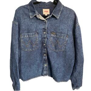 Wrangler’s Women's Girlfriend Shirt Dark Wash - Pearl Snap Crop Jean Shacket